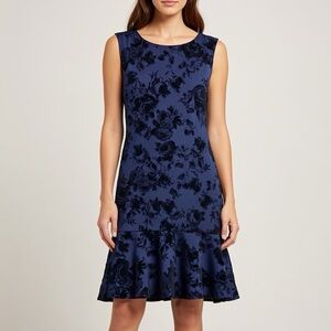 Vince Camuto Womens Velvet Jacquard Fit & Flare Dress Size 2 Sleeveless Navy NWT